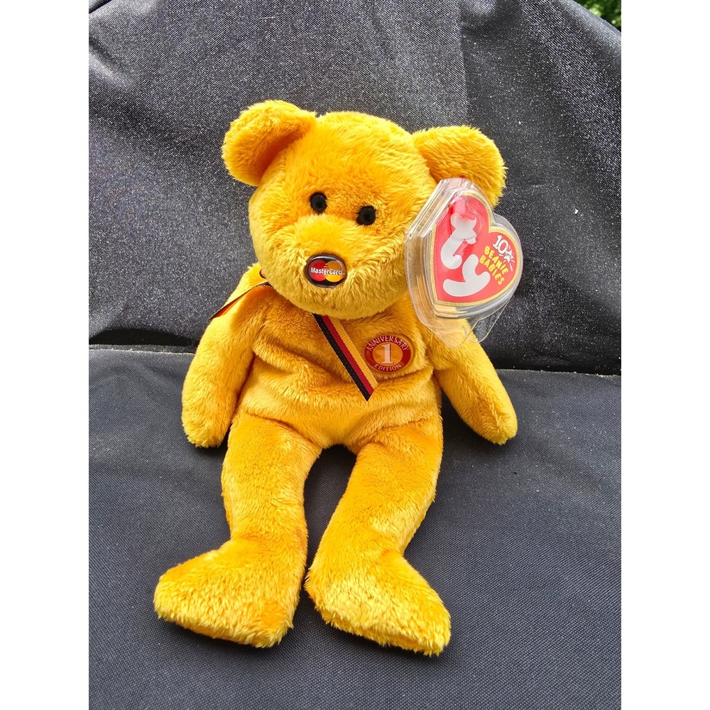 Ty Beanie Babies 10th Anniversary MasterCard Bear Yellow Plush 1st Edition Tag